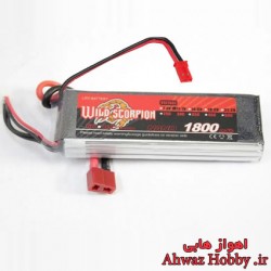 باتری لیتیوم پلیمر 3 سل 1800mAh با تخلیه دیس شارژ 45C ساخت Wild Scorpion دارای دو کانکتور مخصوص مولتی روتور و رادیو کنترل
